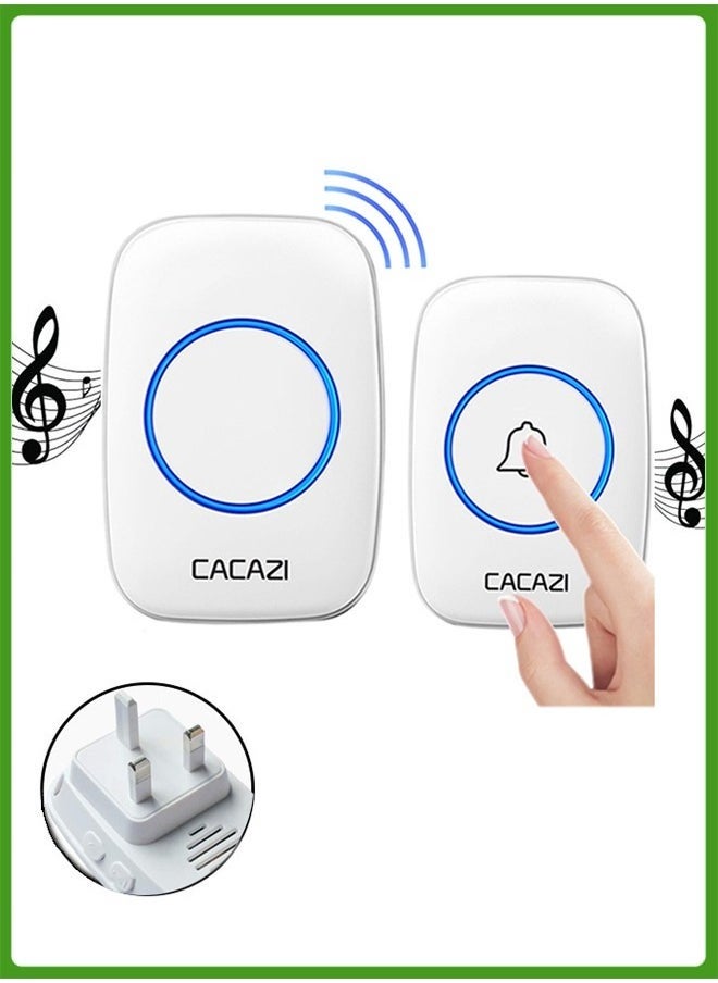 CACAZI Waterproof Wireless Doorbell with UK Plug, LED Flash, Over 1000 Feet Range, 60 Sounds and 5 Levels of Volume, Cordless for Home, Office, Apartment, Hotel, Warehouse Anti-Theft, White  - Image 1