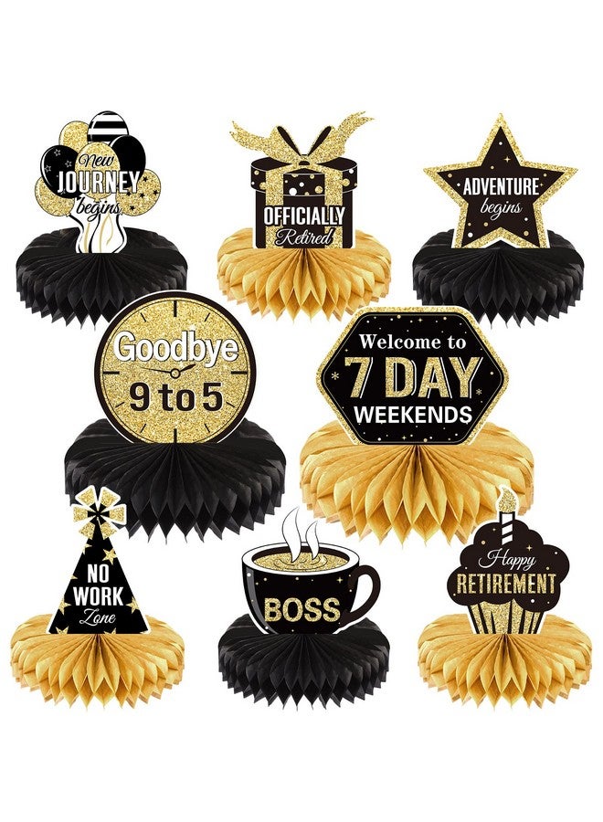Chinco 8 Pieces Retirement Party Decorations Retirement Honeycomb Centerpieces Gold And Black Retirement Table Decorations For Man And Women Happy Retirement Party Supplies, Adventure Begin - Image 1