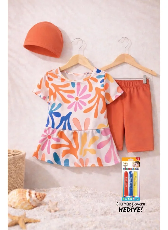 zuzunga Orange Girls' Swimwear Set with Seaweed Pattern and Bow.
