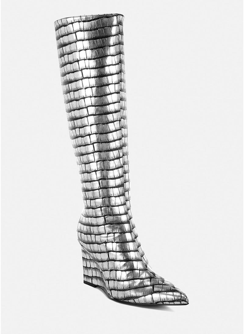 London Rag Croco Metallic Long Boots in Black Silver - Image 2