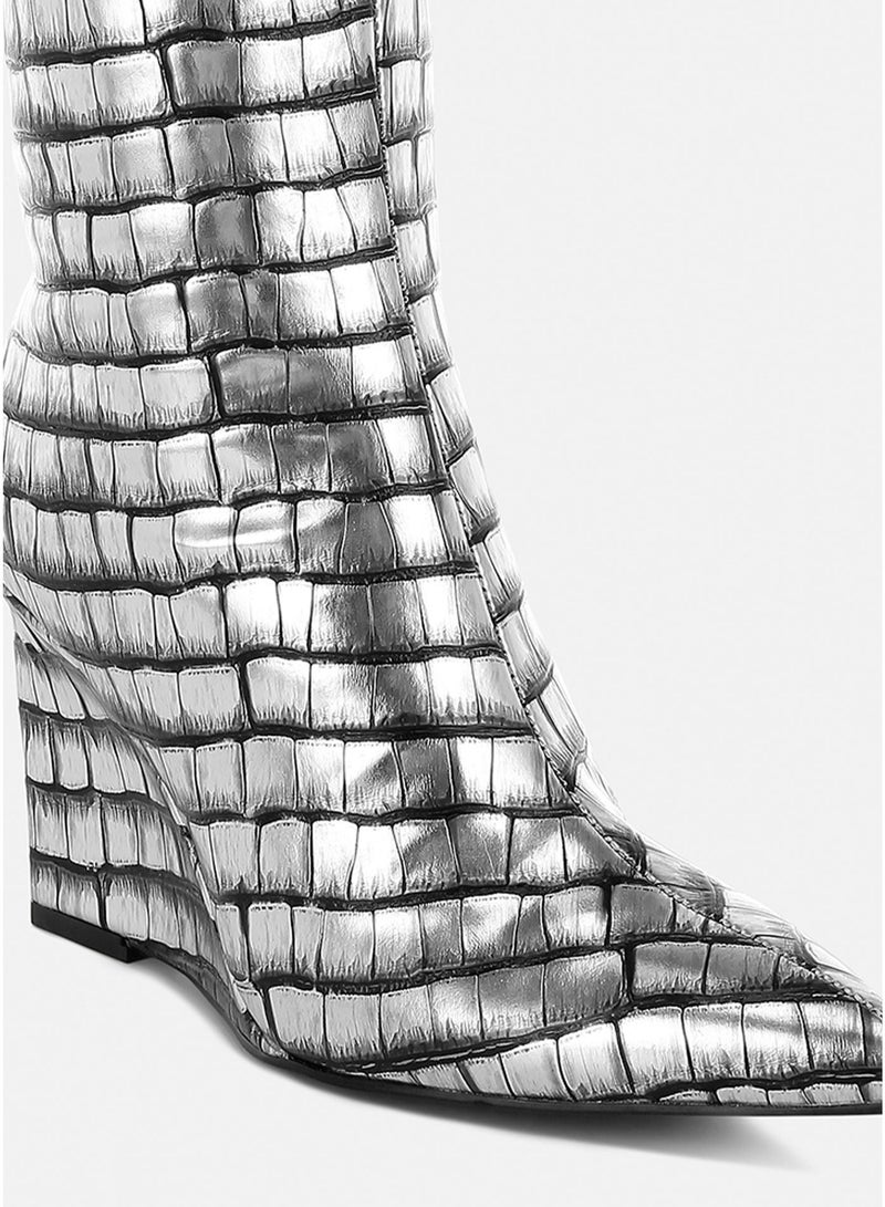 London Rag Croco Metallic Long Boots in Black Silver - Image 4