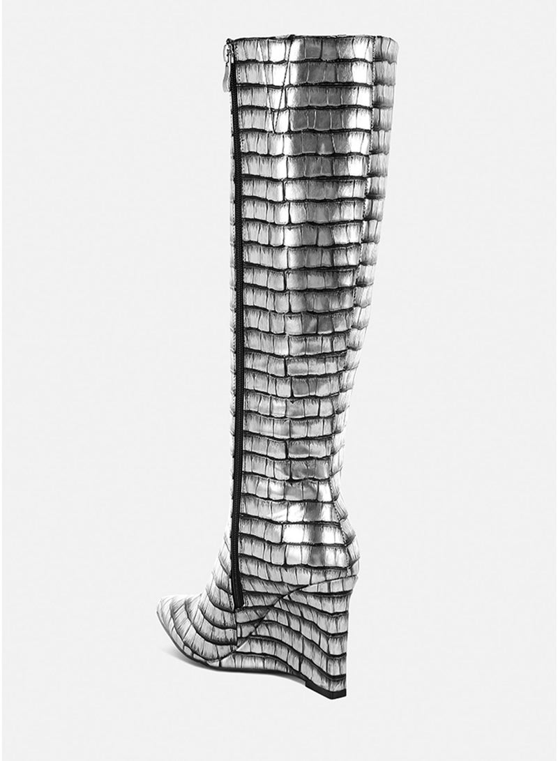 London Rag Croco Metallic Long Boots in Black Silver - Image 3