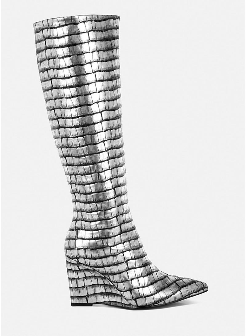 London Rag Croco Metallic Long Boots in Black Silver - Image 1