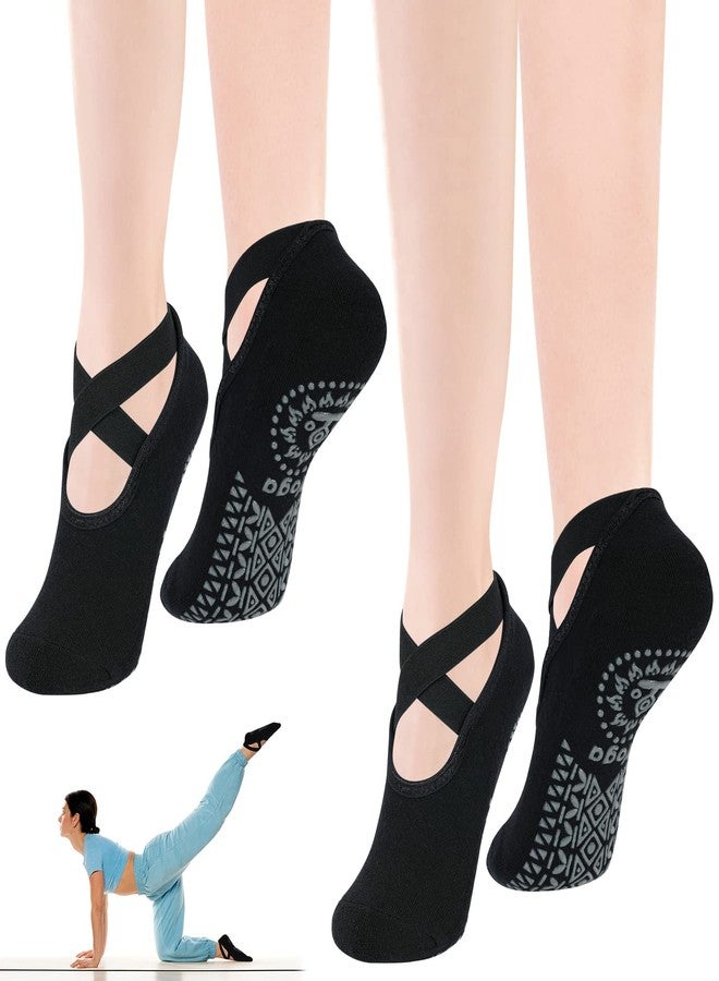 flintronic Yoga Socks, Non-Slip Pilates Socks with Straps, Cotton Five Toe Grip Socks for Pilates, Ballet, Barre, Barefoot Workout, Dance - Sweat Absorption, 2Pairs Black, S-L - Image 1