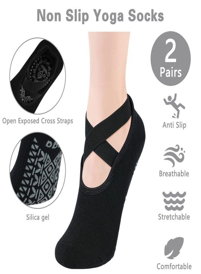flintronic Yoga Socks, Non-Slip Pilates Socks with Straps, Cotton Five Toe Grip Socks for Pilates, Ballet, Barre, Barefoot Workout, Dance - Sweat Absorption, 2Pairs Black, S-L - Image 3
