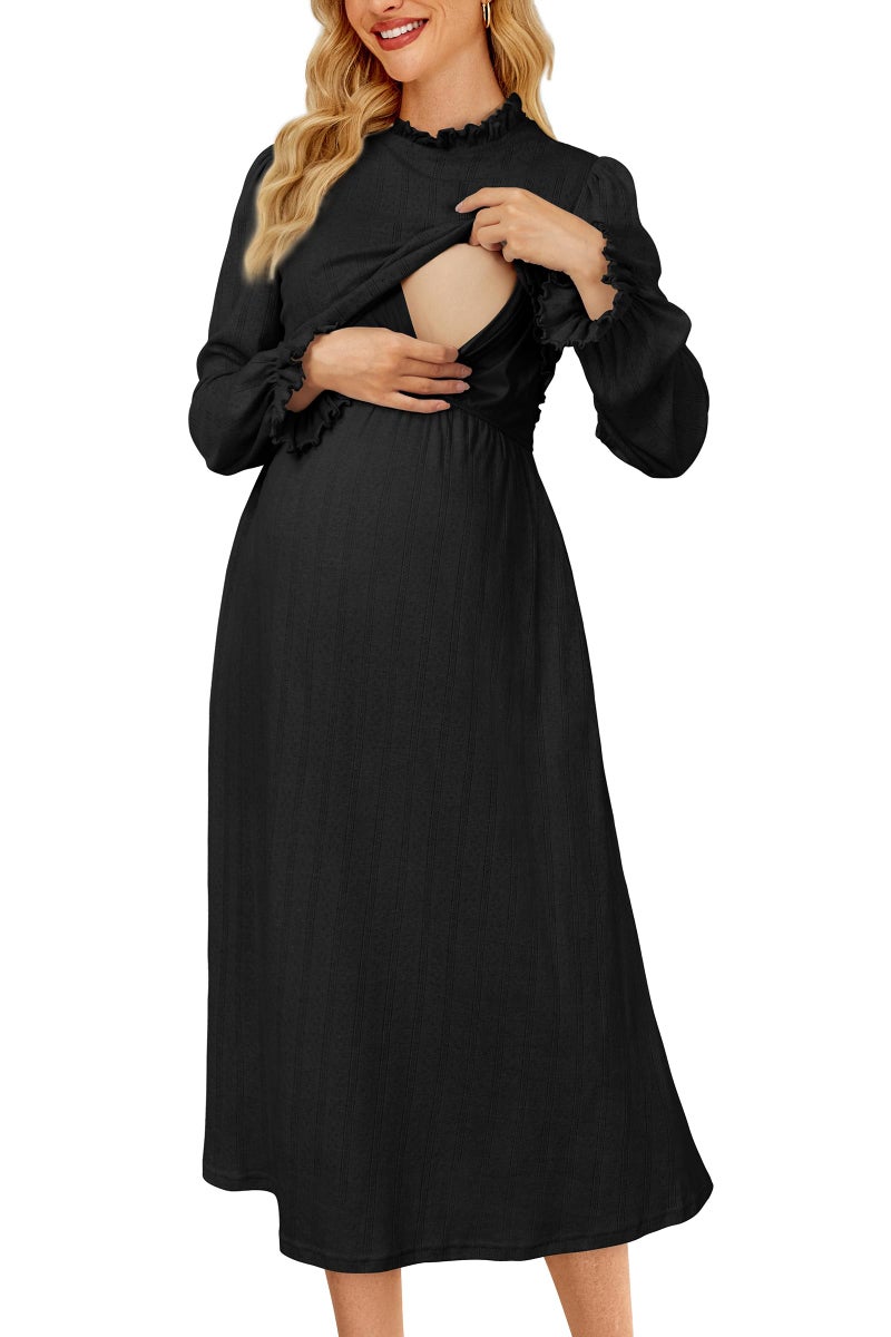 OUGES Maternity Nursing Fall Dresses for Women Baby Shower Photoshoot Ruffled Long Sleeve Smocked Turtle Neck Flowy Gender Reveal Casual Midi Dress Pregnancy Must Haves Clothes with Pocekts(Black,M) - Image 1
