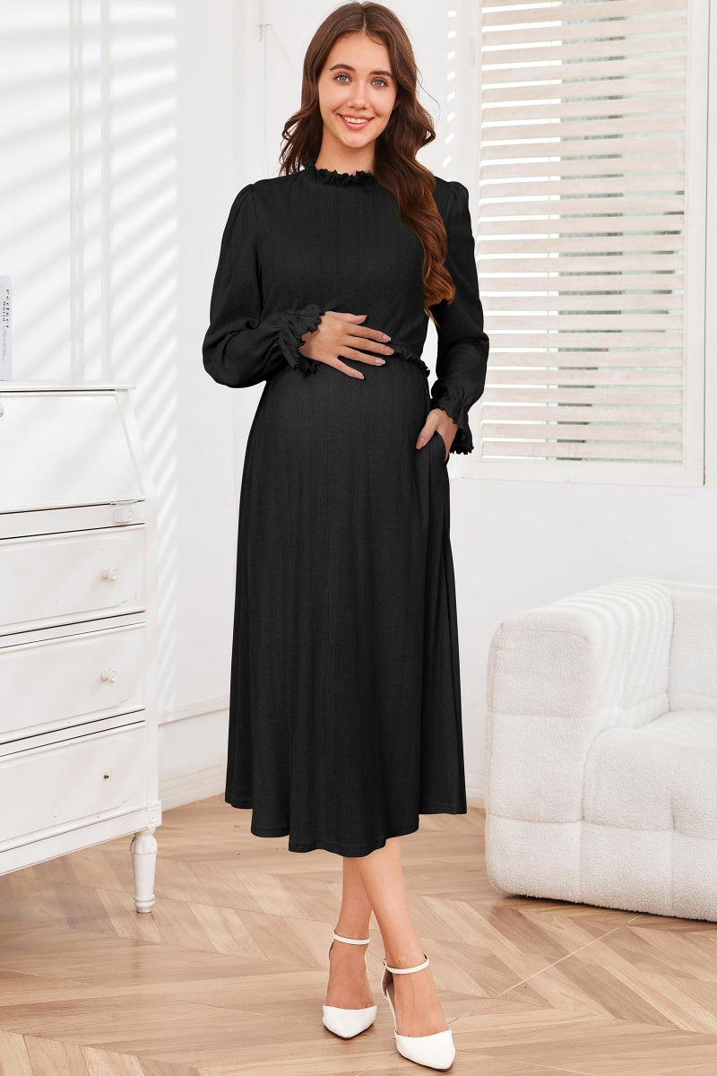 OUGES Maternity Nursing Fall Dresses for Women Baby Shower Photoshoot Ruffled Long Sleeve Smocked Turtle Neck Flowy Gender Reveal Casual Midi Dress Pregnancy Must Haves Clothes with Pocekts(Black,M) - Image 3