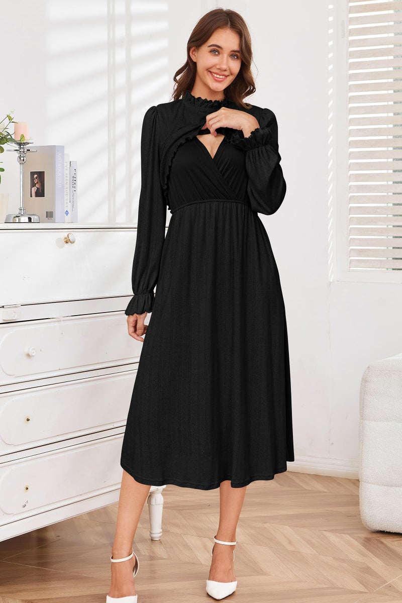OUGES Maternity Nursing Fall Dresses for Women Baby Shower Photoshoot Ruffled Long Sleeve Smocked Turtle Neck Flowy Gender Reveal Casual Midi Dress Pregnancy Must Haves Clothes with Pocekts(Black,M) - Image 2