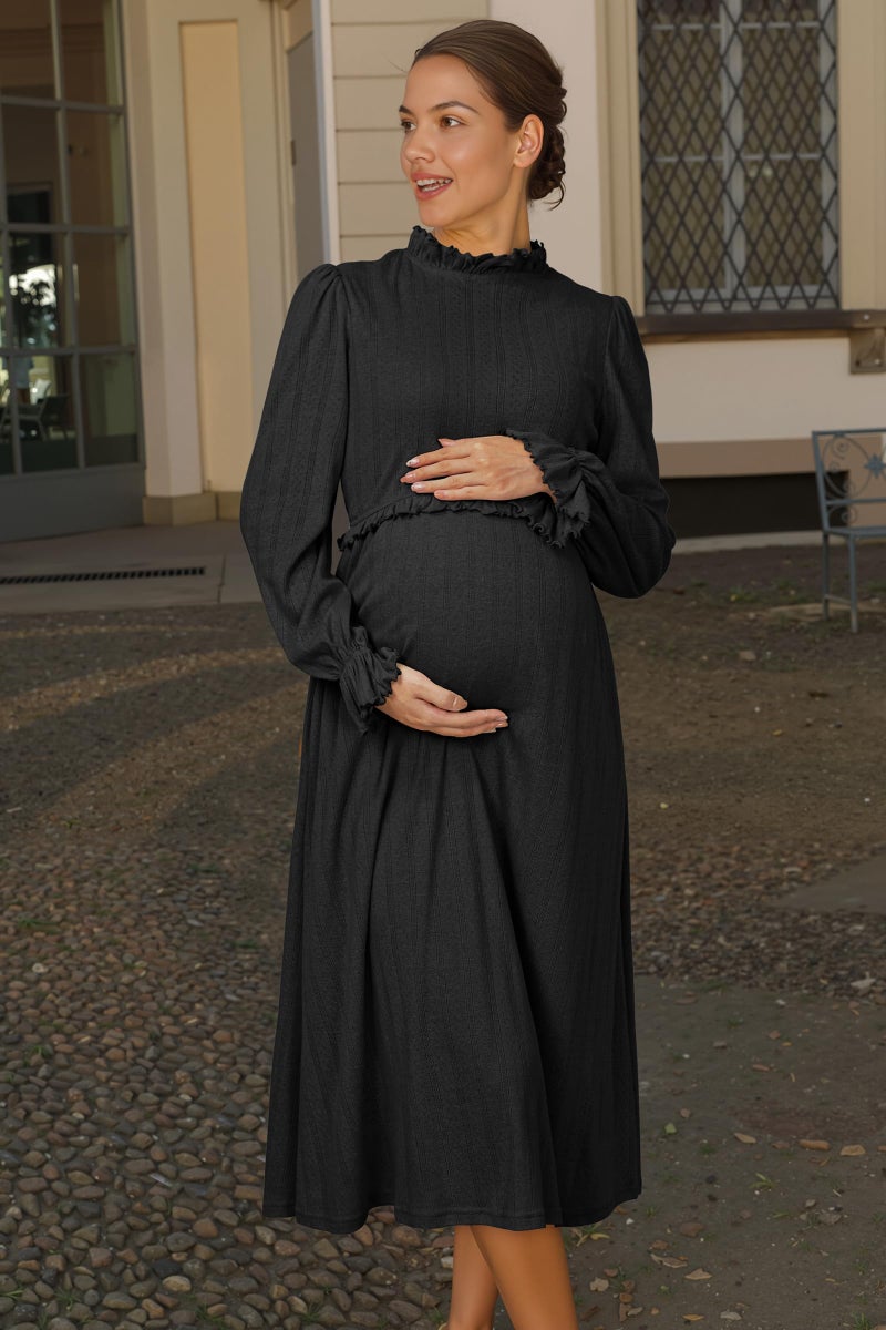 OUGES Maternity Nursing Fall Dresses for Women Baby Shower Photoshoot Ruffled Long Sleeve Smocked Turtle Neck Flowy Gender Reveal Casual Midi Dress Pregnancy Must Haves Clothes with Pocekts(Black,M) - Image 4