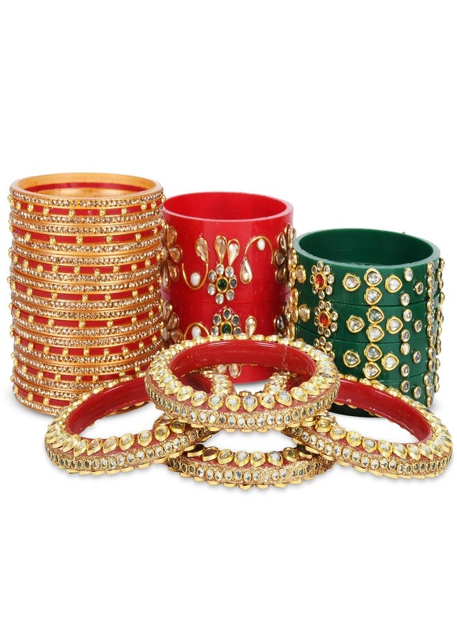 EMERY Red Bridal Chuda Bangles Set - Pack of 34, 7 Color Options (Red, Green, Blue, Aqua, Pink, Yellow, White), Kundan Zari Handwork, Weddings, Engagements, and Festivals (GREEN, 2.8) - Image 4