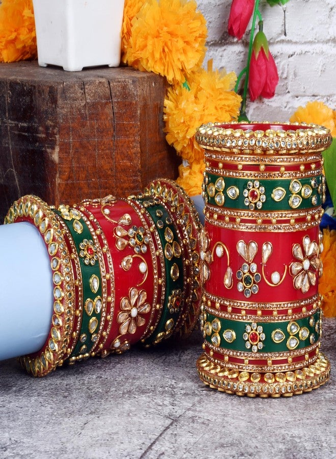 EMERY Red Bridal Chuda Bangles Set - Pack of 34, 7 Color Options (Red, Green, Blue, Aqua, Pink, Yellow, White), Kundan Zari Handwork, Weddings, Engagements, and Festivals (GREEN, 2.8) - Image 5