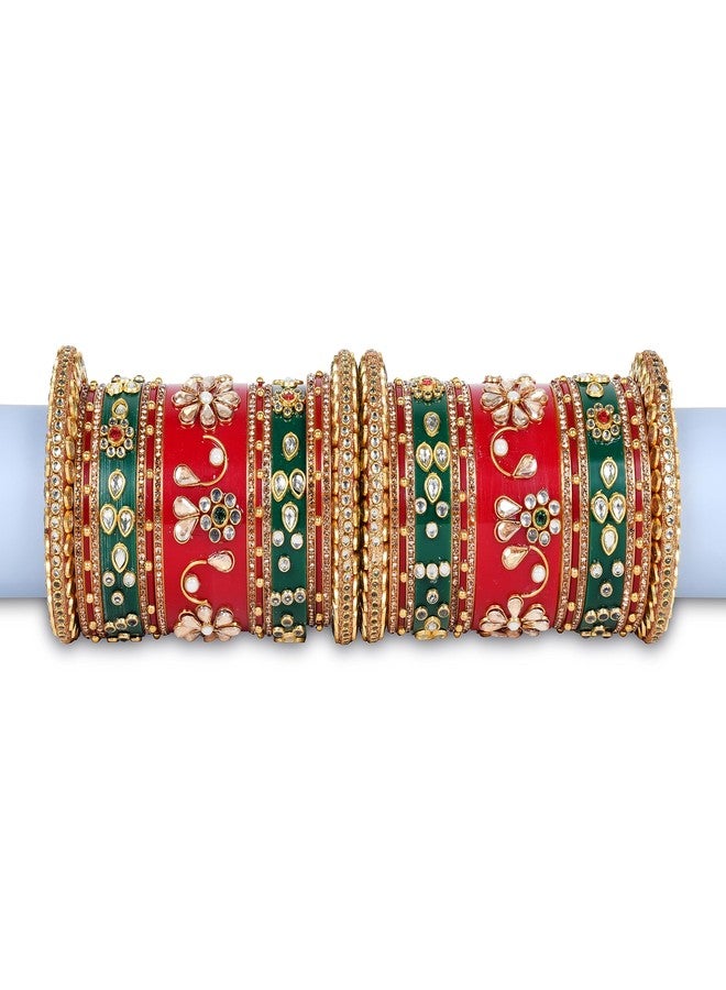 EMERY Red Bridal Chuda Bangles Set - Pack of 34, 7 Color Options (Red, Green, Blue, Aqua, Pink, Yellow, White), Kundan Zari Handwork, Weddings, Engagements, and Festivals (GREEN, 2.8) - Image 3