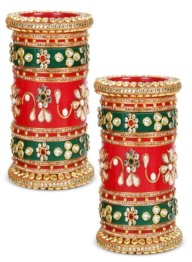 EMERY Red Bridal Chuda Bangles Set - Pack of 34, 7 Color Options (Red, Green, Blue, Aqua, Pink, Yellow, White), Kundan Zari Handwork, Weddings, Engagements, and Festivals (GREEN, 2.8) - Image 2