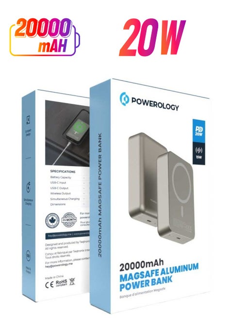 20000 mAh 20W PD & 15W Magsafe Powerbank - Titanium