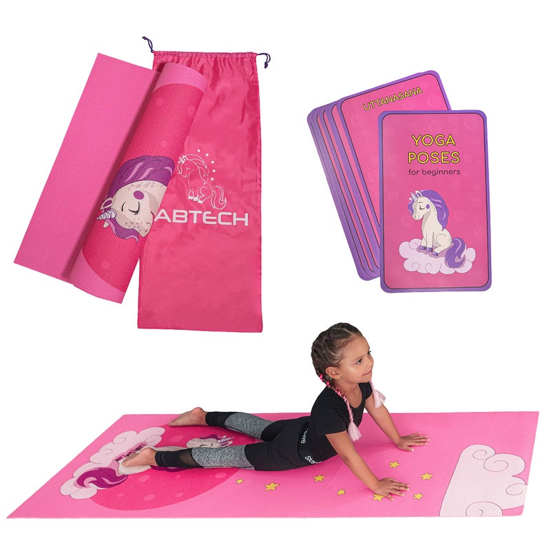 ABTECH Kids Yoga Mat Set - Fun Unicorn Yoga Mat for Girls - Comfortable - Chemical Free - Non-Toxic - Non-Slip - 60 X 24 X 0.2 Inches - w/ 12 Yoga Cards for Kids - Carrier Bag with Strap - Pink - Ages 4-12 - Image 1