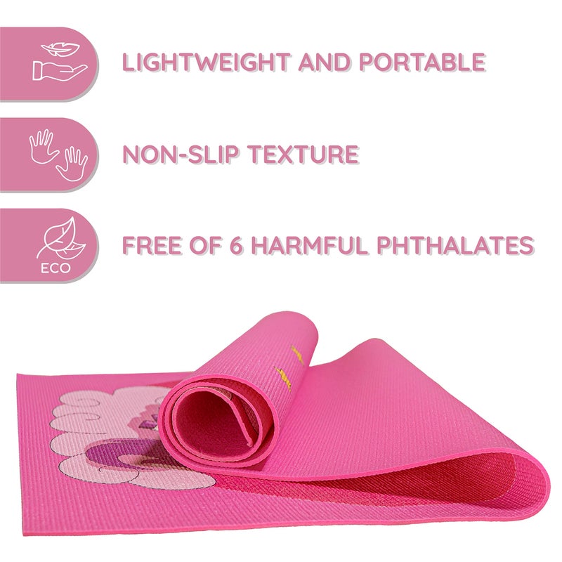 ABTECH Kids Yoga Mat Set - Fun Unicorn Yoga Mat for Girls - Comfortable - Chemical Free - Non-Toxic - Non-Slip - 60 X 24 X 0.2 Inches - w/ 12 Yoga Cards for Kids - Carrier Bag with Strap - Pink - Ages 4-12 - Image 2