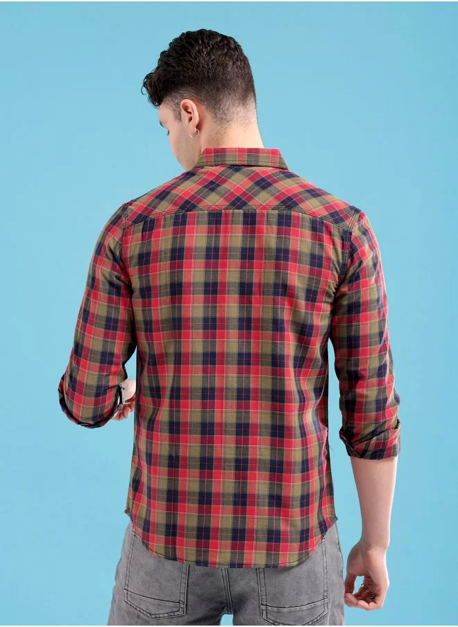 شركة المرآب الهندية Men Slim Fit Checkered Full Sleeves Cutaway Collar Casual Shirt