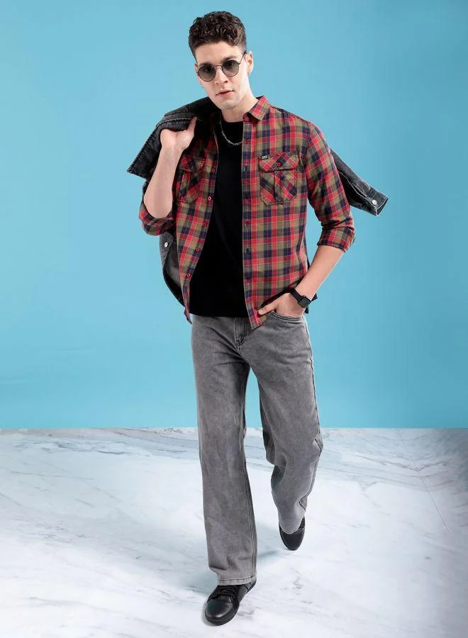 ذا انديان كراج كو Men Slim Fit Checkered Full Sleeves Cutaway Collar Casual Shirt