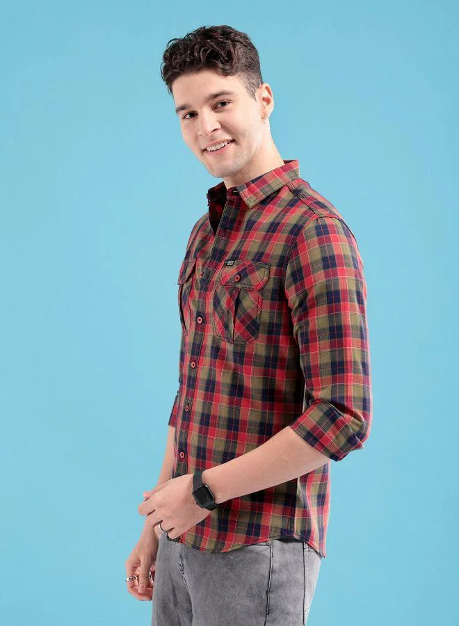 ذا انديان كراج كو Men Slim Fit Checkered Full Sleeves Cutaway Collar Casual Shirt