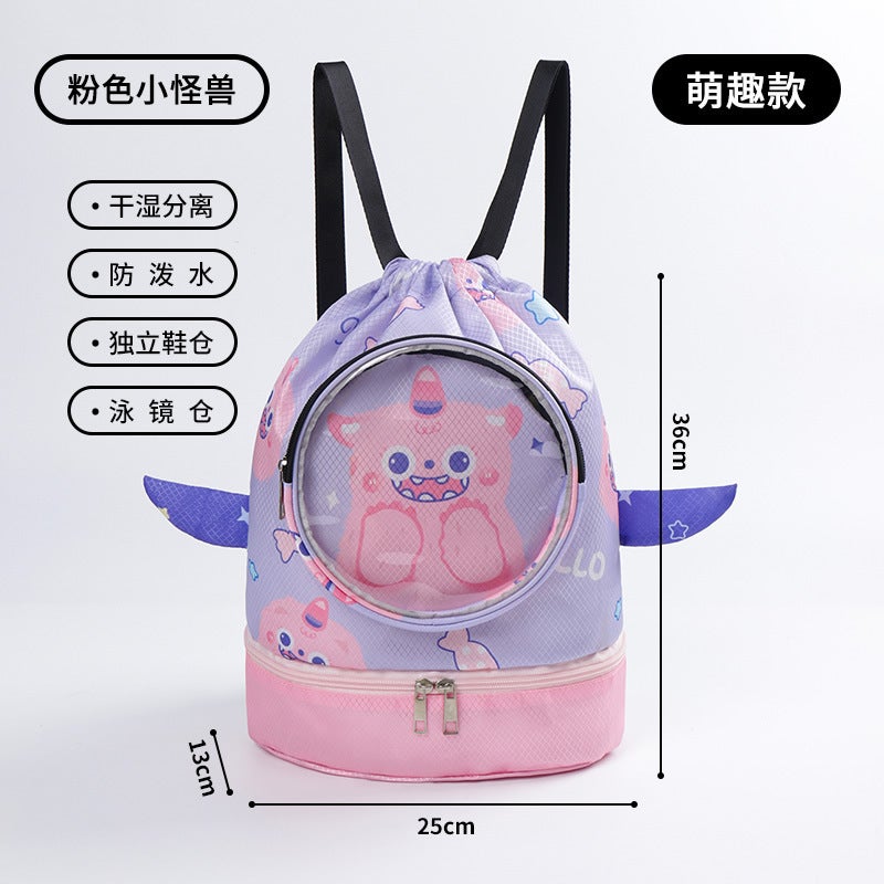 حقيبة سباحة رياضية للأطفال قابلة للتعديل حقيبة تخزين منفصلة رطبة وجافة حقيبة تخزين مضادة للماء خفيفة الوزن للغاية حقيبة شاطئ بسيطة باللون الأزرق الداكن مع تصميم سمكة - Image 5