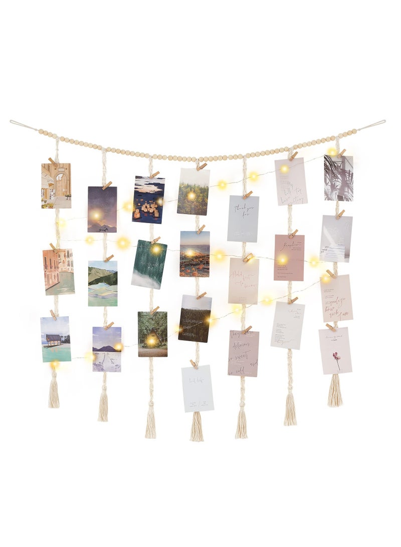 SYOSI Macrame Hanging Photo Display Wall Decor, with String Lights Boho Wooden Beads Garland Collage Picture Frame Holder, with 45 Clips for Bedroom Living Room Nursery Dorm, Teen Girl Christmas Gifts  - Image 1
