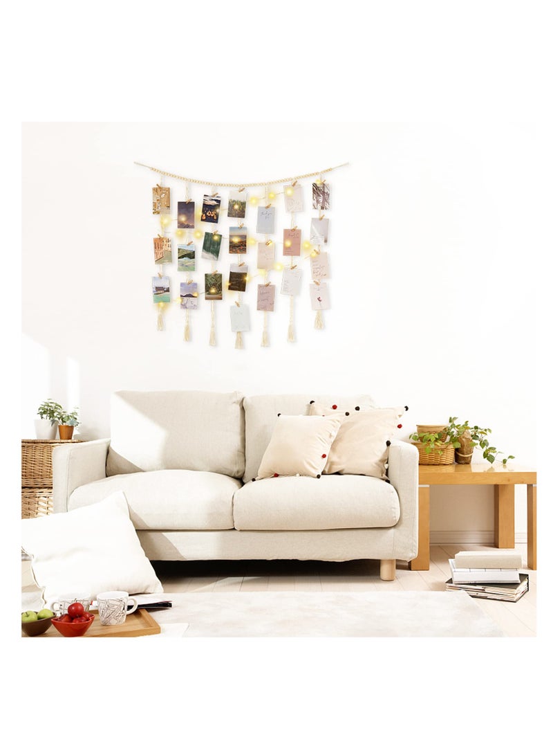 SYOSI Macrame Hanging Photo Display Wall Decor, with String Lights Boho Wooden Beads Garland Collage Picture Frame Holder, with 45 Clips for Bedroom Living Room Nursery Dorm, Teen Girl Christmas Gifts  - Image 3