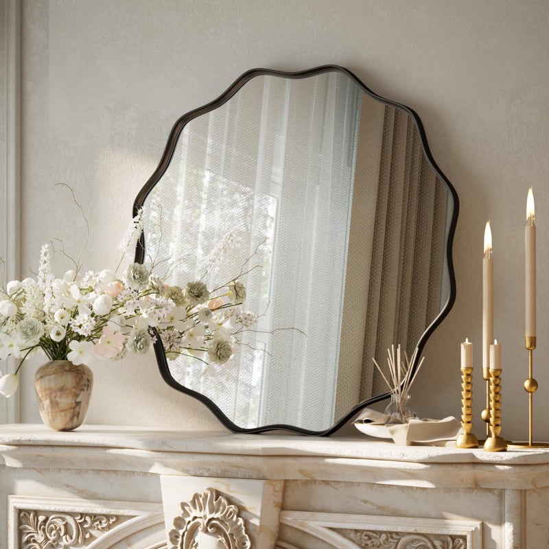 VooBang Black Scalloped Circle Mirror, 20" Wavy Edge Round Wall Mirror with Tempered Glass Textured Circular Metal Deep Frame, Hanging Leaning for Bathroom, Hallway, Entryway, Livng Room - Image 2