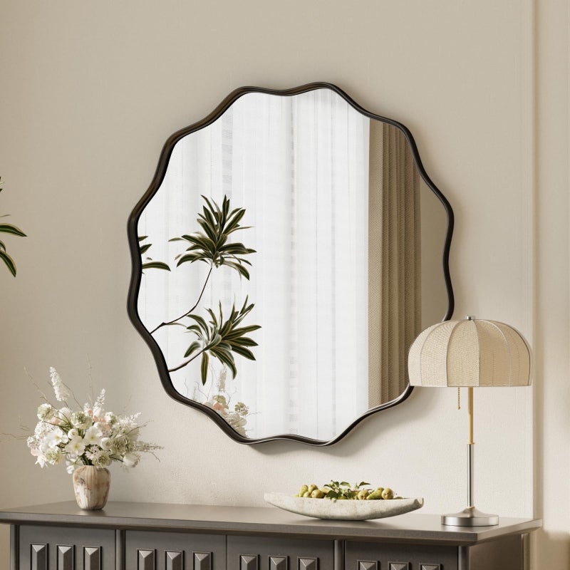 VooBang Black Scalloped Circle Mirror, 20" Wavy Edge Round Wall Mirror with Tempered Glass Textured Circular Metal Deep Frame, Hanging Leaning for Bathroom, Hallway, Entryway, Livng Room - Image 1