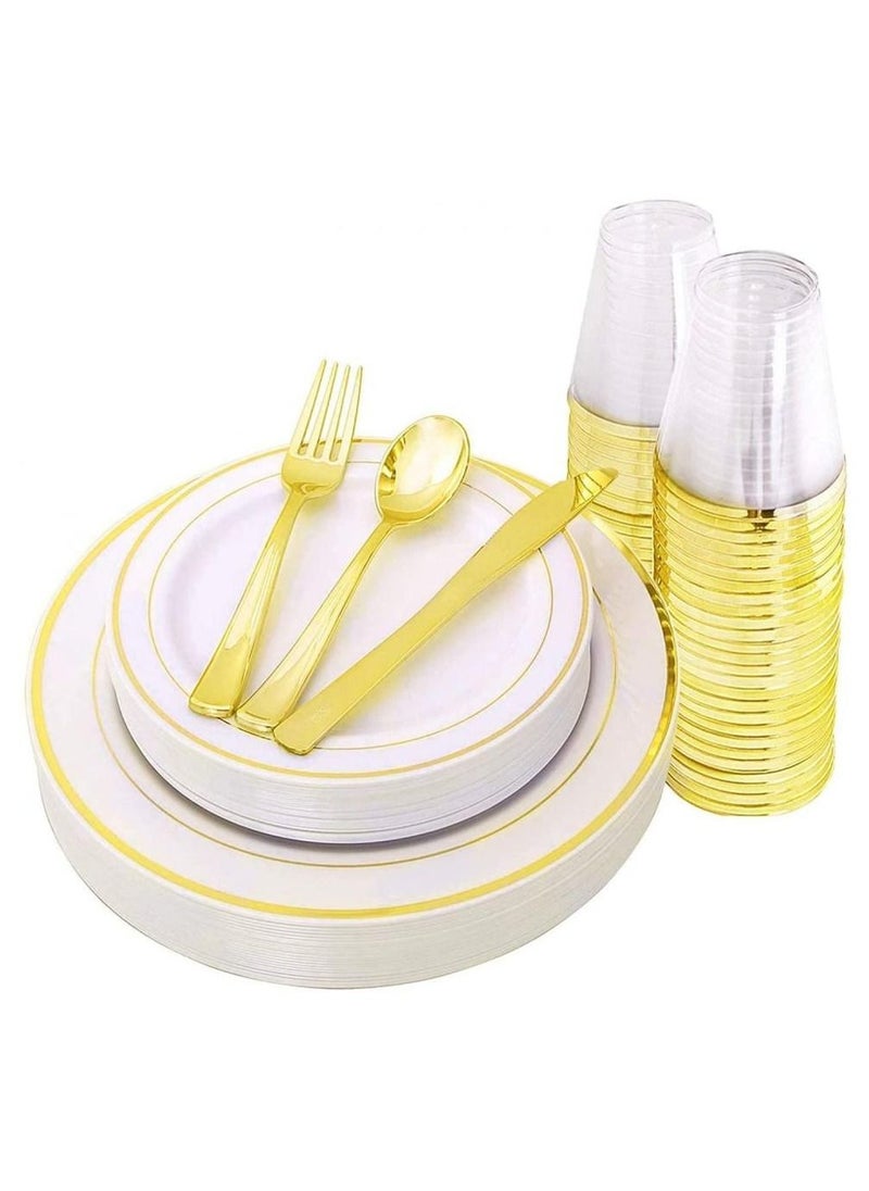 Alissa Gold 150 Piece Dinnerware Set 25 Pc 10.25" Dinner Plates 25 7.5" Salad 25 10 oz Gold Rim Plastic cups 25 Spoons 25 Forks 25 Knives 25 Guests Serve Birthday Party Office Home  - Image 1