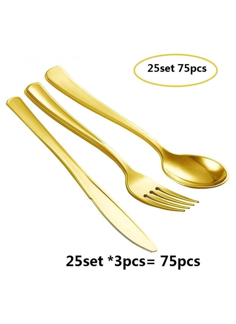 Alissa Gold 150 Piece Dinnerware Set 25 Pc 10.25" Dinner Plates 25 7.5" Salad 25 10 oz Gold Rim Plastic cups 25 Spoons 25 Forks 25 Knives 25 Guests Serve Birthday Party Office Home  - Image 4