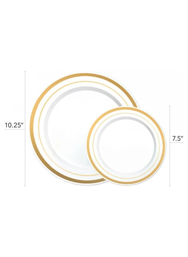 Alissa Gold 150 Piece Dinnerware Set 25 Pc 10.25" Dinner Plates 25 7.5" Salad 25 10 oz Gold Rim Plastic cups 25 Spoons 25 Forks 25 Knives 25 Guests Serve Birthday Party Office Home  - Image 5