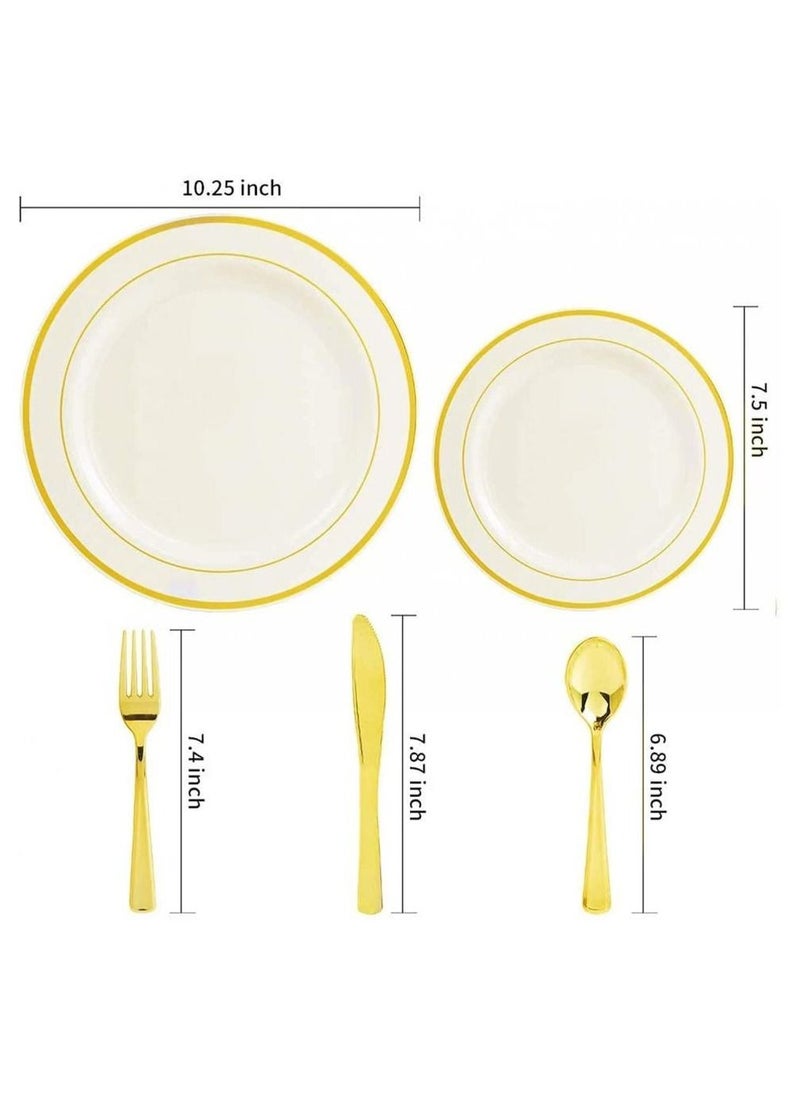 Alissa Gold 150 Piece Dinnerware Set 25 Pc 10.25" Dinner Plates 25 7.5" Salad 25 10 oz Gold Rim Plastic cups 25 Spoons 25 Forks 25 Knives 25 Guests Serve Birthday Party Office Home  - Image 2