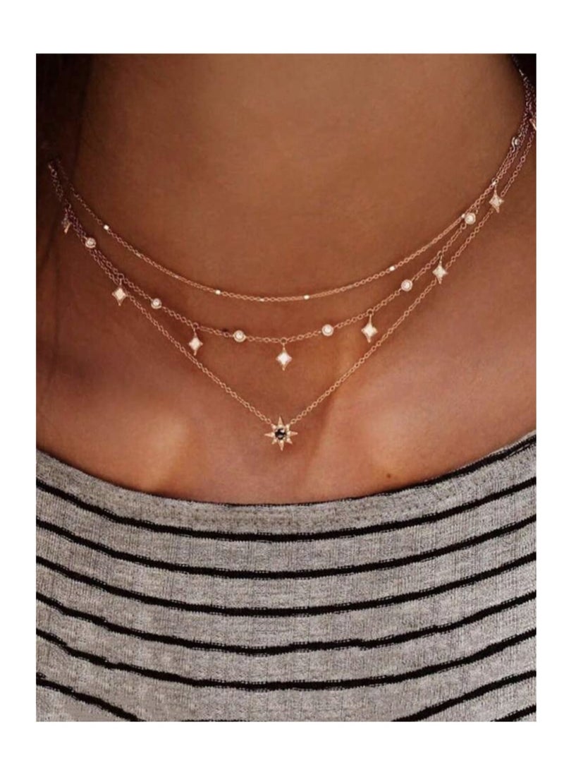 YUCCA European and American Popular Multi-Layer Star Pendant Handmade Necklace Set for Women One Piece Three-Layer Necklace - Image 1
