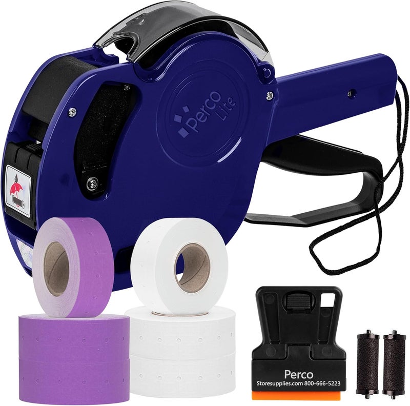 Perco Lite 1 Line Price Gun with Labels Kit - Includes 3 White Rolls, 3 Purple Rolls, 2 Ink Rollers, 1 Ink roll and Labels Pre-Loaded - Image 1