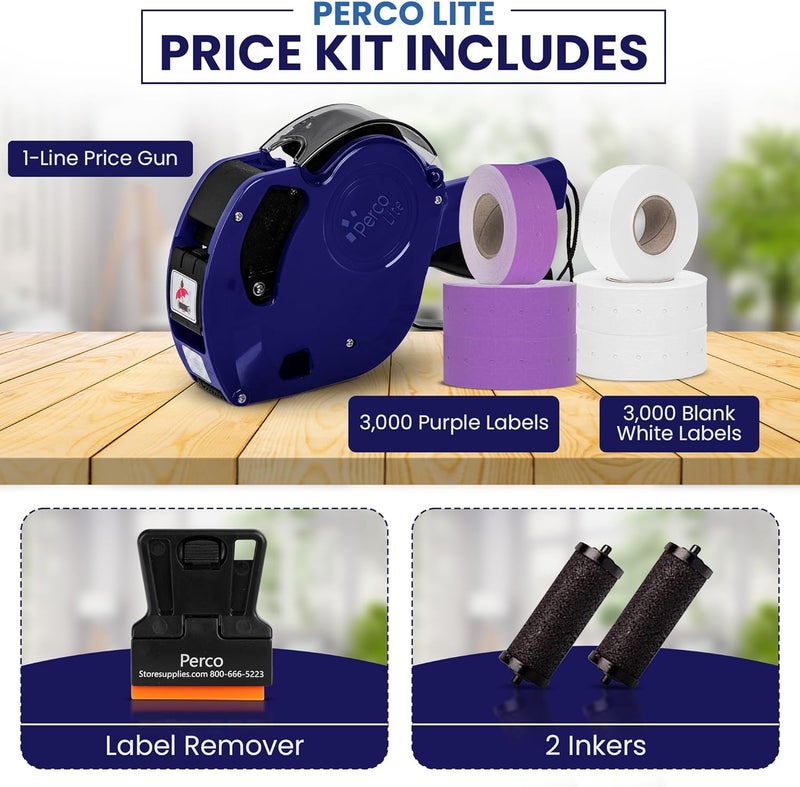 Perco Lite 1 Line Price Gun with Labels Kit - Includes 3 White Rolls, 3 Purple Rolls, 2 Ink Rollers, 1 Ink roll and Labels Pre-Loaded - Image 2