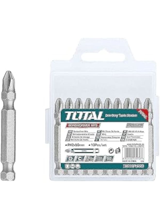 TOTAL Screwdriver bit PH2,50mm,10pcs/set S2 industrial steel Nickle plated megnetic Packed by plastic box TAC16PH223