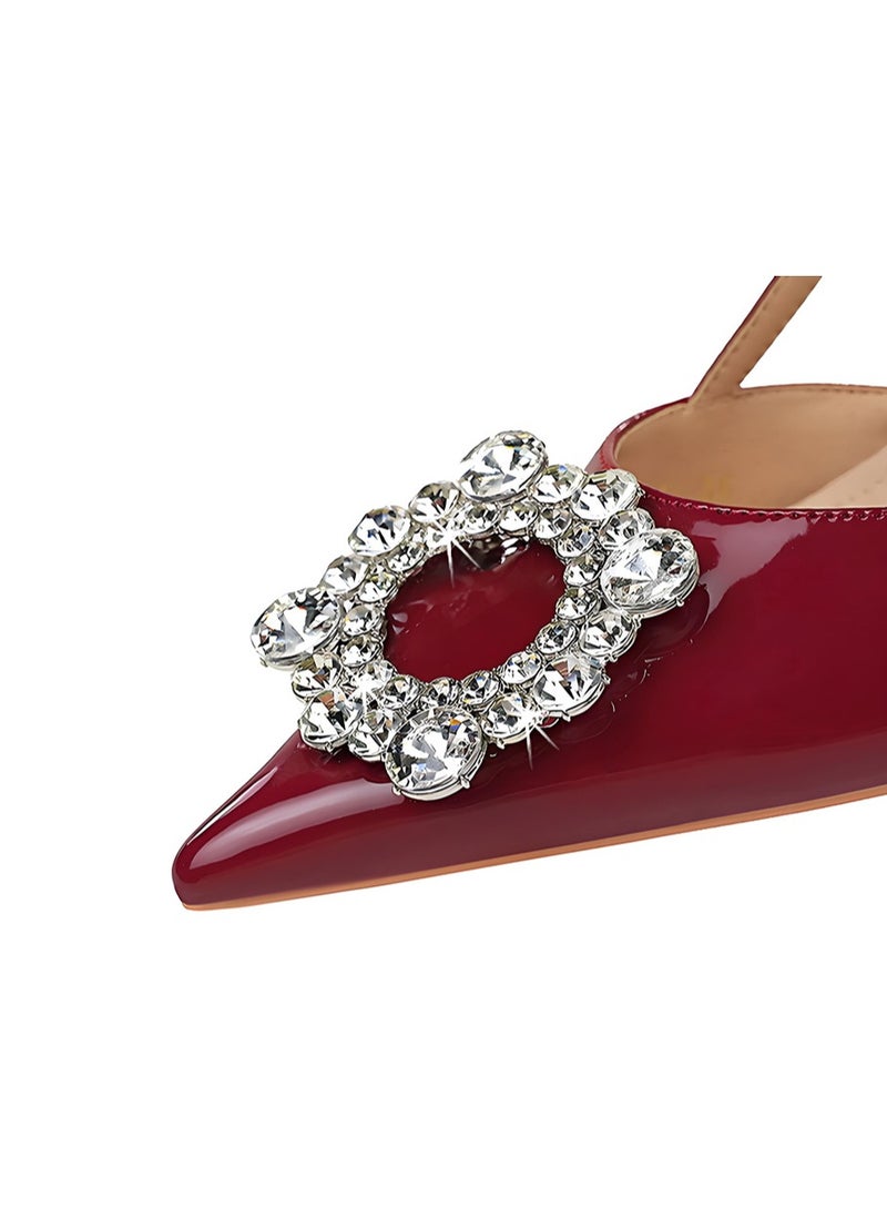 BIGTREE Women's Rhinestone Closed Pointed Toe Pumps Slingback Stiletto High Heel Sandals With Ankle Strap Wine Red 9CM - Image 3