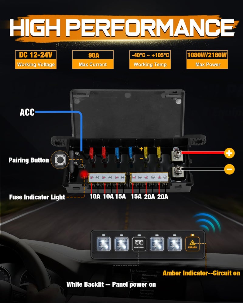 Niking Auto 6 Gang Wireless Switch Panel, Niking Auto Multifunction Remote Control Switch Box with Toggle Pulsed LED Switches Memory 4 Light Modes 12V 80A Circuit Control Relay System Pods for Trucks ATV Boat - Image 3