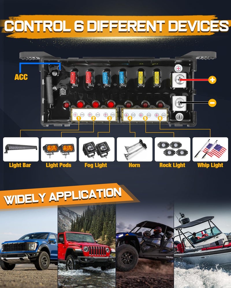Niking Auto 6 Gang Wireless Switch Panel, Niking Auto Multifunction Remote Control Switch Box with Toggle Pulsed LED Switches Memory 4 Light Modes 12V 80A Circuit Control Relay System Pods for Trucks ATV Boat - Image 5