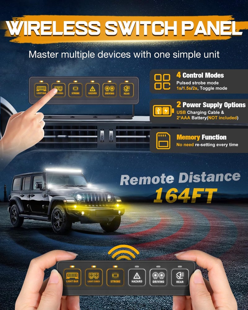 Niking Auto 6 Gang Wireless Switch Panel, Niking Auto Multifunction Remote Control Switch Box with Toggle Pulsed LED Switches Memory 4 Light Modes 12V 80A Circuit Control Relay System Pods for Trucks ATV Boat - Image 2