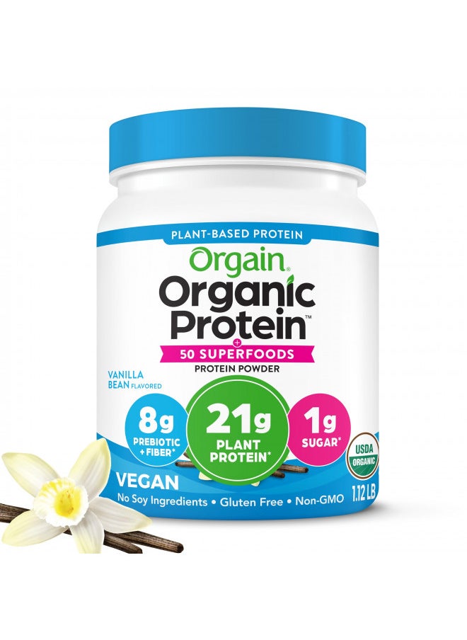 Orgain - Orgain Organic Protein + Superfoods Powder, Vanilla Bean - 21g of Protein, Vegan, Plant Based, 8g of Fiber, No Dairy, Gluten, Soy or Added Sugar, Non-GMO, 1.12lb - Image 1