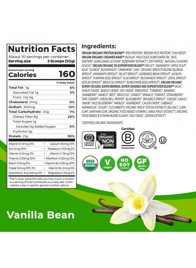 Orgain - Orgain Organic Protein + Superfoods Powder, Vanilla Bean - 21g of Protein, Vegan, Plant Based, 8g of Fiber, No Dairy, Gluten, Soy or Added Sugar, Non-GMO, 1.12lb - Image 1