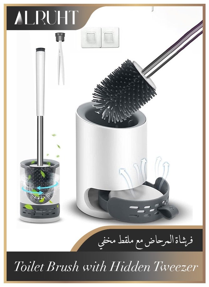Alruht Toilet Brush Silicone and Holder set cleaning Bathroom with stainless steel handle, Quick Drying Holder Set for Guest Toilet, Wall Mounted And Standing,with hidden Tweezer,Diatomite Mud  - Image 1