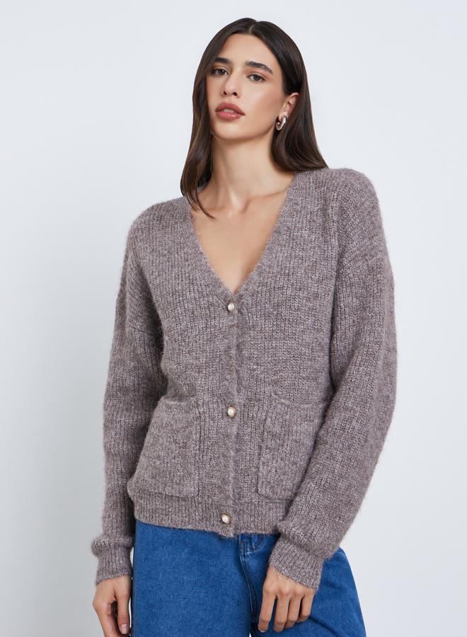 ستايلي كارديجان بقصة عادية ومزين بفرو مع أزرار - Image 3