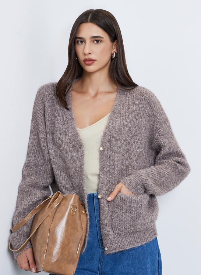 ستايلي كارديجان بقصة عادية ومزين بفرو مع أزرار - Image 1