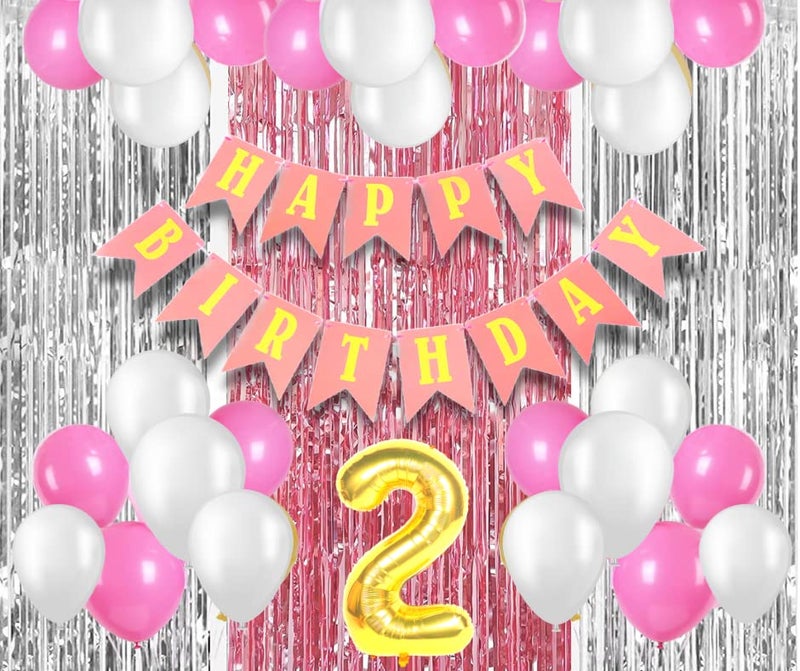 Flyloons 2nd Birthday Decoration items for Girls with Pink and White Balloons, Pink Happy Birthday Banner, Pink and Silver Foil Curtain, Foil Balloon number 2 - Image 1