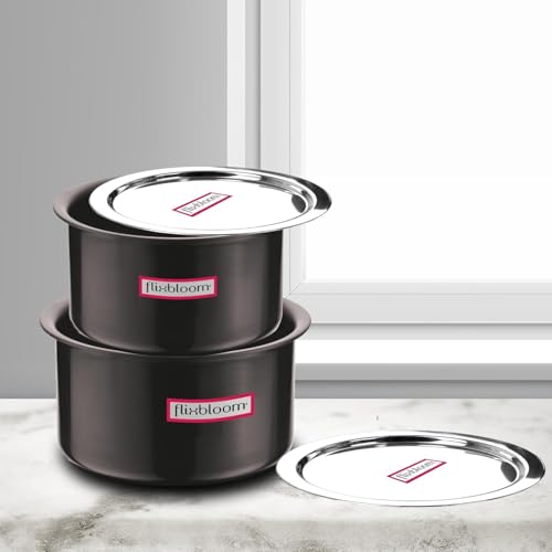FLIXBLOOM Aluminium Magistral Black Combo 3 Litre + 4 Litre Tope Sets Hard Anodised Induction Base/LPG Friendly Cookware Deep Utensil Tope/Container/Patila/Bhagona for Cooking & Serving with Lid - Image 3