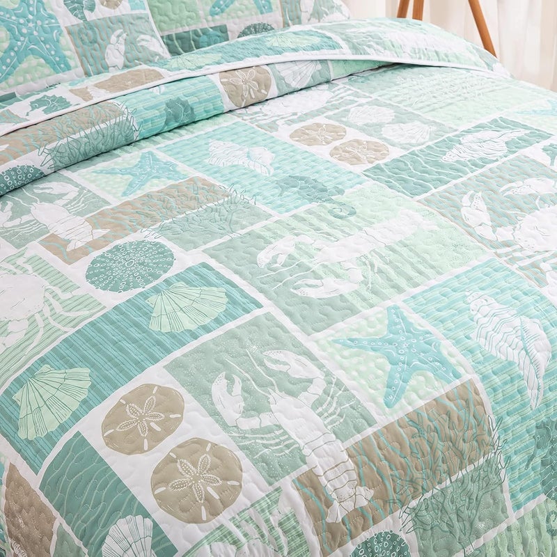 DJY 3 Pieces Quilt Set Full Coastal Green Theme Quilt Coverlet Set Beach Reversible Bedspread with 2 Pillow Shams Soft Microfiber Coastal Bedding Quilt Set for All Season 78""x90"" - Image 4