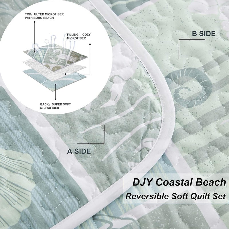DJY 3 Pieces Quilt Set Full Coastal Green Theme Quilt Coverlet Set Beach Reversible Bedspread with 2 Pillow Shams Soft Microfiber Coastal Bedding Quilt Set for All Season 78""x90"" - Image 5