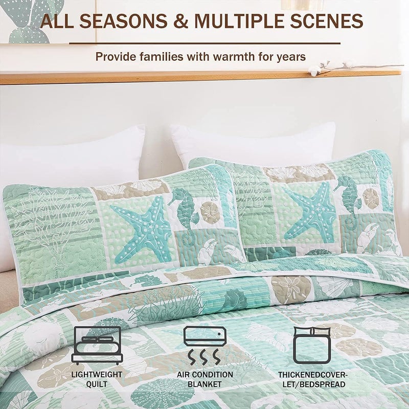DJY 3 Pieces Quilt Set Full Coastal Green Theme Quilt Coverlet Set Beach Reversible Bedspread with 2 Pillow Shams Soft Microfiber Coastal Bedding Quilt Set for All Season 78""x90"" - Image 3